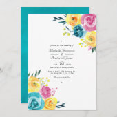 Turquoise en gele bloemencode QR Code RSVP-huwelij Kaart (Voorkant / Achterkant)