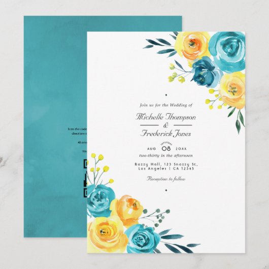 Turquoise en gele bloemencode QR RSVP-huwelijk Kaart (Voorkant / Achterkant)