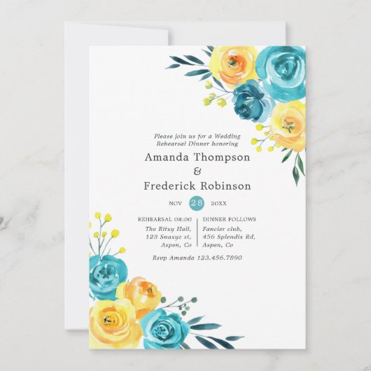 Turquoise en Gele Bloemenoefenavondmaal Kaart (Voorkant)