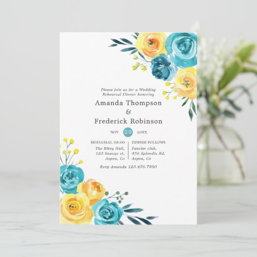 Turquoise en Gele Bloemenoefenavondmaal Kaart (Staand voorkant)