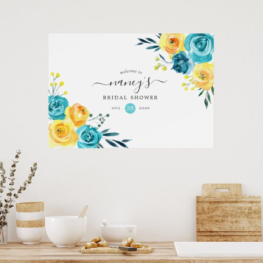 Turquoise en Gele Bloemige Bruidsdouche Poster (Keuken)