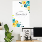 Turquoise en Gele Bloemige Bruidsontvangst Poster (Thuiskantoor)
