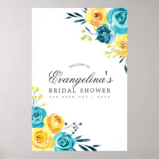 Turquoise en Gele Bloemige Bruidsontvangst Poster (Voorkant)