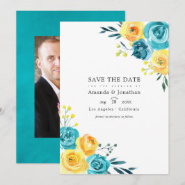 Turquoise en Gele Bloemige Waterverf Trouw Save The Date