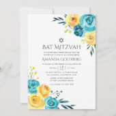 Turquoise en Gele Bloemstuk Bat Mitzvah Kaart (Voorkant)