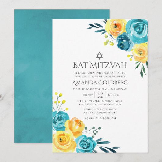 Turquoise en Gele Bloemstuk Bat Mitzvah Kaart (Voorkant / Achterkant)
