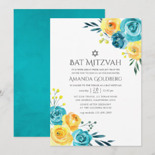 Turquoise en Gele Bloemstuk Bat Mitzvah Kaart