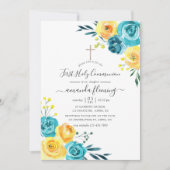 Turquoise en Gele Floral Heilige Communie Kaart (Voorkant)