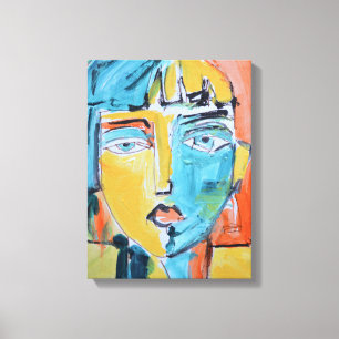Turquoise en gele gespleten-toon vrouwenportret canvas afdruk