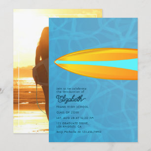 Turquoise en gele surfer strand afstudeerfeest kaart