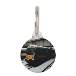 Turquoise en gele trein huisdierpenning