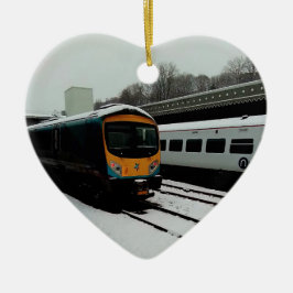 Turquoise en gele trein keramisch ornament