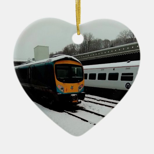 Turquoise en gele trein keramisch ornament (Voorkant)