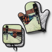 Turquoise en gele trein ovenwant & pannenlap set (Voorkant / Achterkant)