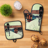 Turquoise en gele trein ovenwant & pannenlap set (Top down)