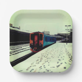 Turquoise en gele trein papieren bordje