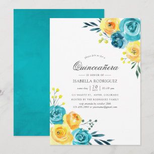 Turquoise en Gele Waterverf Bloem Quinceañera Kaart