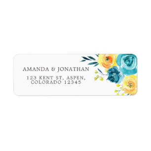 Turquoise en Gele Waterverf Bloemen Bruiloft Etiket