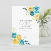 Turquoise en Gele Waterverf Bloemen Bruiloft Save The Date (Staand voorkant)