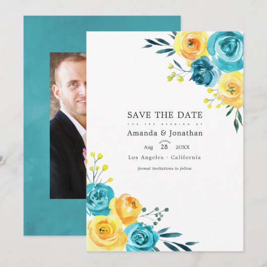 Turquoise en Gele Waterverf Bloemen Bruiloft Save The Date (Voorkant / Achterkant)