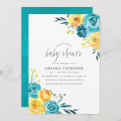 Turquoise en Gele Waterverf Bloemenkinderfeestje Kaart (Voorkant / Achterkant)