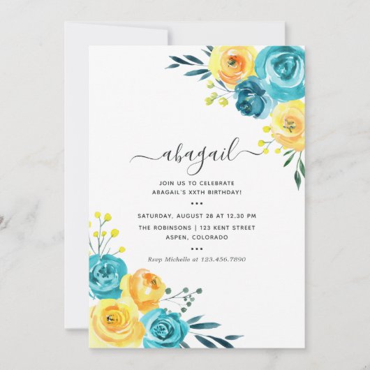 Turquoise en gele Waterverf Floral Birthday Kaart (Voorkant)