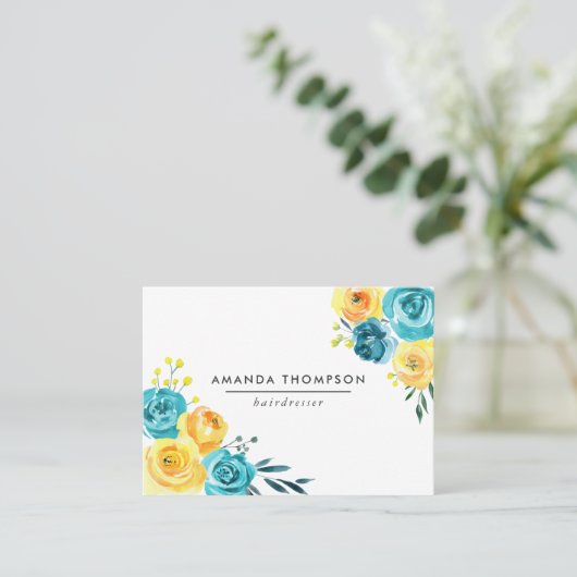 Turquoise en Gele Waterverf Floral Visitekaartje (Staand voorkant)