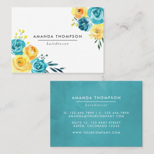 Turquoise en Gele Waterverf Floral Visitekaartje (Voorkant / Achterkant)