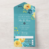 Turquoise en Gele Waterverf Floral Wedding All In One Uitnodiging (Binnen)