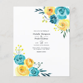 Turquoise en Gele Waterverf Floral Wedding Flyer
