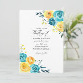 Turquoise en gele Waterverf Floral Wedding Inv Kaart (Staand voorkant)