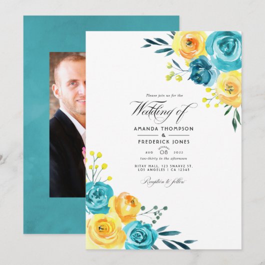 Turquoise en gele Waterverf Floral Wedding Inv Kaart (Voorkant / Achterkant)