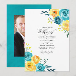 Turquoise en gele Waterverf Floral Wedding Inv Kaart