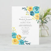 Turquoise en Gele Waterverf Floral Wedding Kaart (Staand voorkant)
