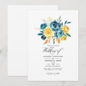 Turquoise en Gele Waterverf Floral Wedding Kaart (Voorkant / Achterkant)