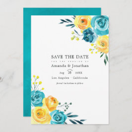 Turquoise en Gele Waterverf Floral Wedding Save The Date