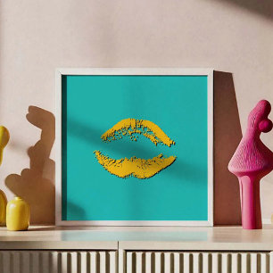 Turquoise en Gele Zoenende Lippen Poster