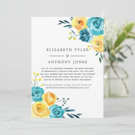 Turquoise en Gellow Wedding Reduced Guest List Aankondiging (Staand voorkant)