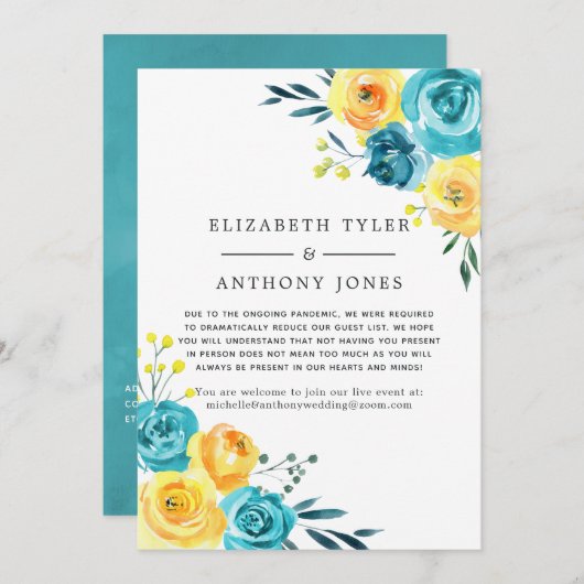 Turquoise en Gellow Wedding Reduced Guest List Aankondiging (Voorkant / Achterkant)