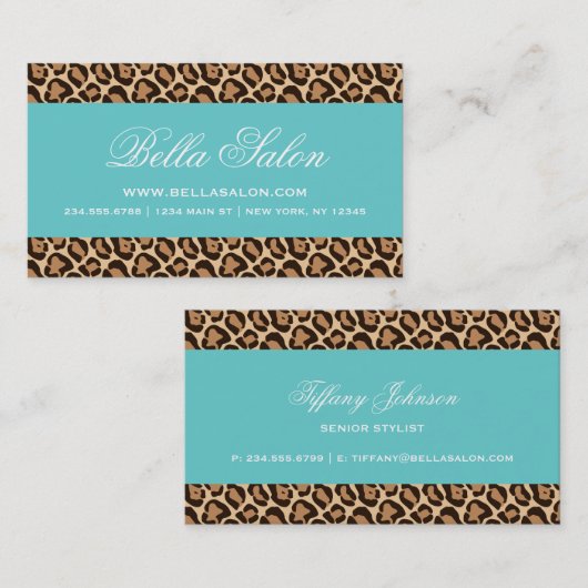 Turquoise en Girly Leopard Print Visitekaartje (Voorkant / Achterkant)