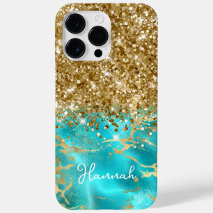 Turquoise en Glitterig Goud Glam Persoonlijk Case-Mate iPhone 14 Pro Max Hoesje
