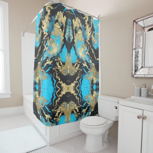 Turquoise en Gold Abstract Art Sherpa Blanket Douchegordijn (In situ)
