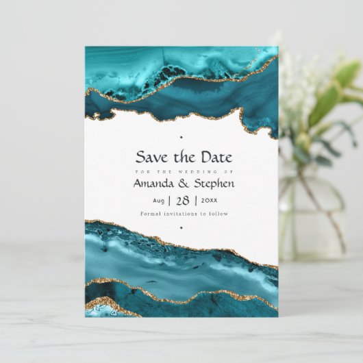 Turquoise en Gold Agaat Bruiloft Save The Date (Staand voorkant)