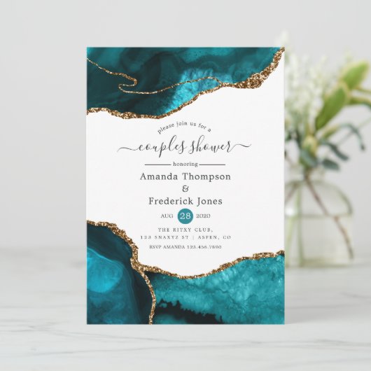 Turquoise en Gold Agate Couples Shower Kaart (Staand voorkant)
