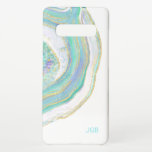 Turquoise en Gold Agate Pattern met Monogram Samsung Galaxy S10  Hoesje<br><div class="desc">Dit ontwerp is een prachtig, op natuur geïnspireerd patroon in trendy moderne kleuren, en heeft een gemarmerd gestreepte grijpbeweging in aqua, turquoise, paars en goud boven een witte achtergrond. Een tekst sjabloon is inbegrepen voor het personaliseren met uw monogram initialen of andere gewenste tekst. U kunt het monstermonogram ook volledig...</div>