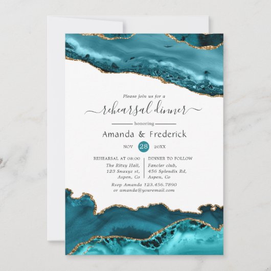 Turquoise en Gold Agate Wedding Rehearsal Dinner Kaart (Voorkant)