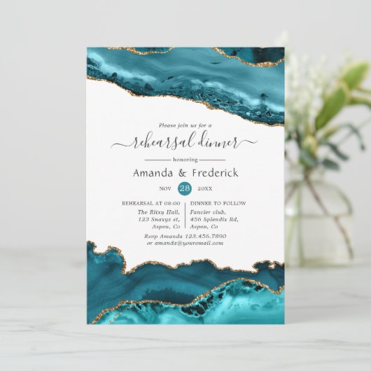 Turquoise en Gold Agate Wedding Rehearsal Dinner Kaart (Staand voorkant)