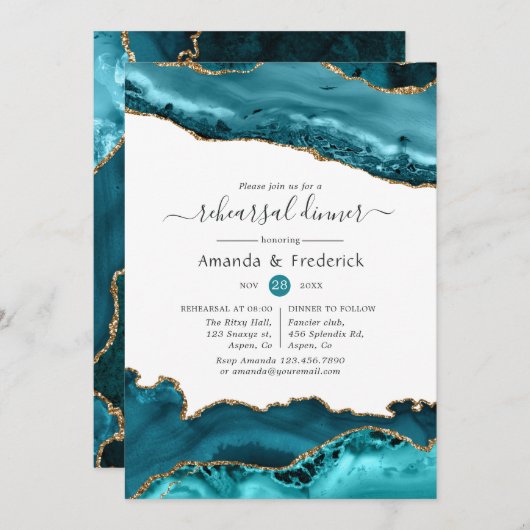 Turquoise en Gold Agate Wedding Rehearsal Dinner Kaart (Voorkant / Achterkant)