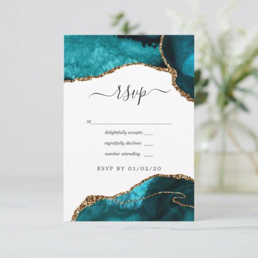 Turquoise en Gold Agate Wedding RSVP Kaartje (Staand voorkant)