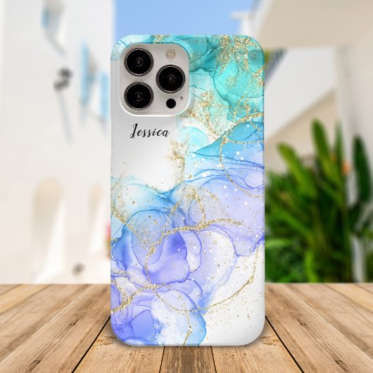 Turquoise en Gold Alcohol Ink & Jouw naam Case-Mate iPhone Case
